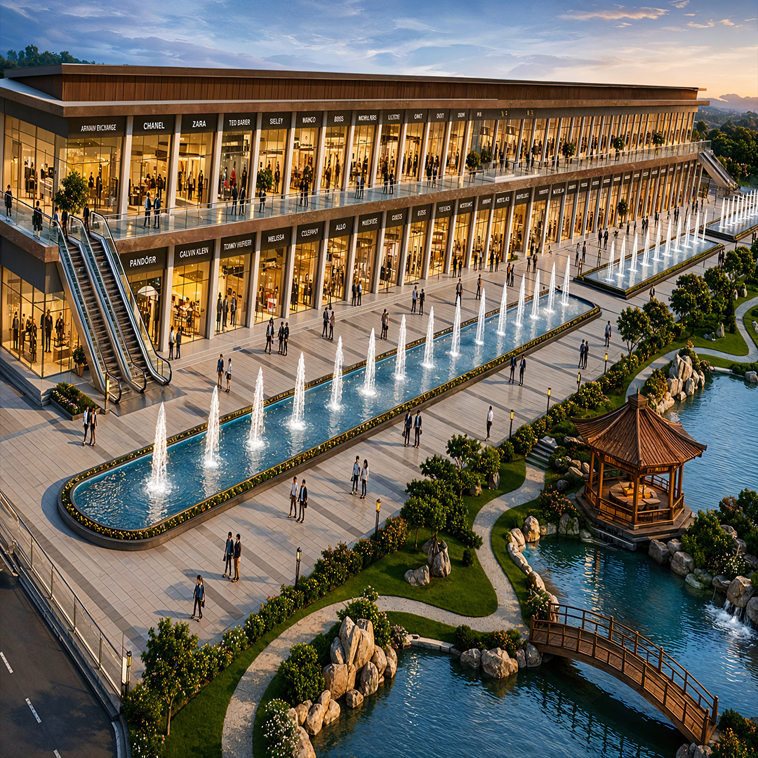 Aerial view of Mirai Hills landscaped Japanese gardens